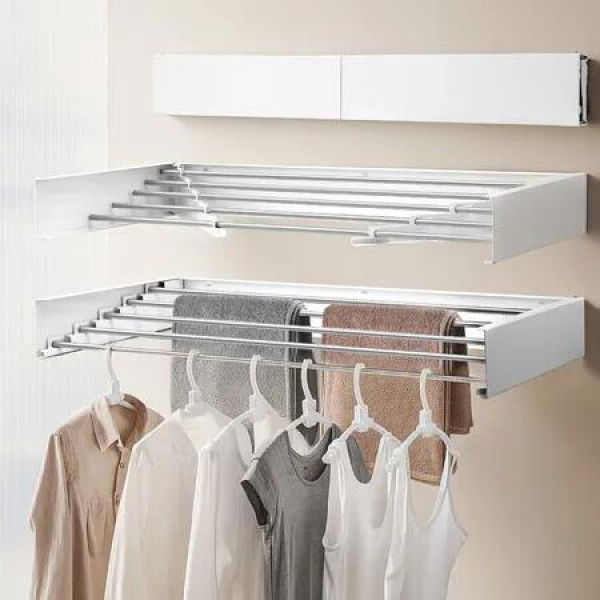 Clothes Drying Rack Wall Mounted Folding Indoor Bathroom Laundry Garment Airer Towel Rails Clothing Collapsible Space Saver Aluminium 5 Hanging Rods
