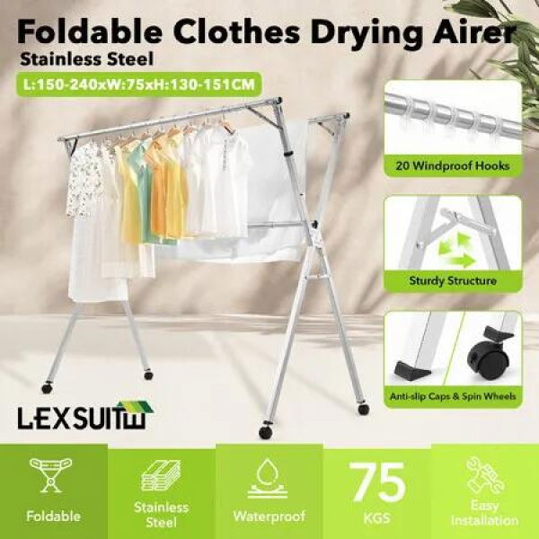 Clothes Rack Airer Garment Drying Stand Stainless Steel Folding Adjustable Outdoor Laundry Rail on Wheels with 20 Hooks