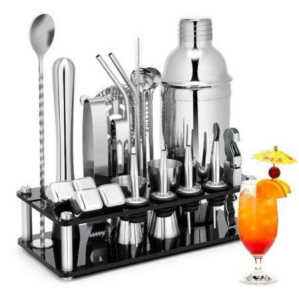 Cocktail Shaker Set 23-Piece Stainless Steel Bartender Kit With Acrylic Stand Booklet Bar Tools For Drink Mixing