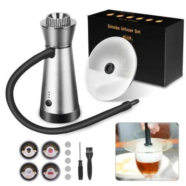 Cocktail Smoker Kit,Smoking Gun Food Smoker with Cup Lid and 4 Flavors Wood Chips,Handheld Portable Drink and Food Smoker Infuser for Cocktails Meat,Silver