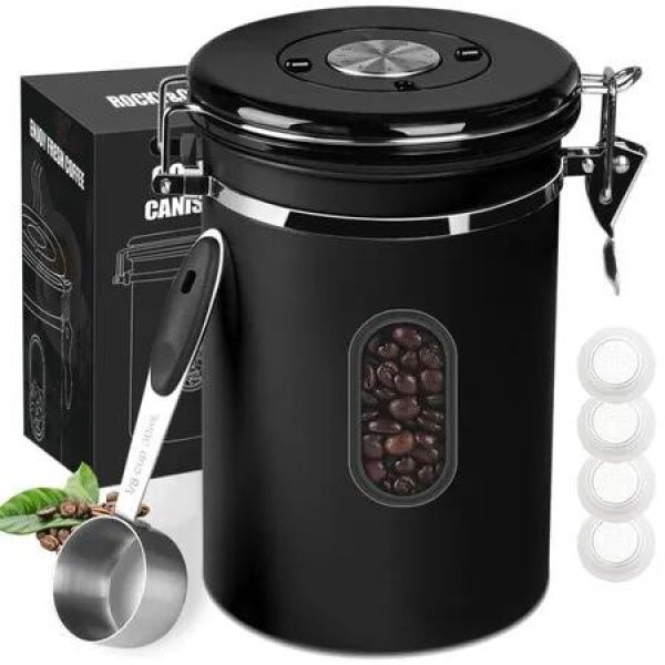 Coffee Canister Airtight Storage Container 1800ml Kitchen Date Tracker Beans Grounds Tea Storage Transparent Window Measure Spoon CO2 Valve 22.8oz Black