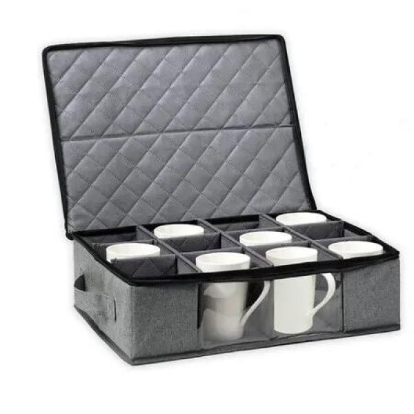 Coffee Mug Storage Box Padded Dinnerware Case 12 Cups Dividers Handles Zipper Lid Stackable Holder Cup Not Included