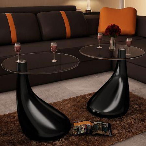 Coffee Table 2 Pcs With Round Glass Top High Gloss Black