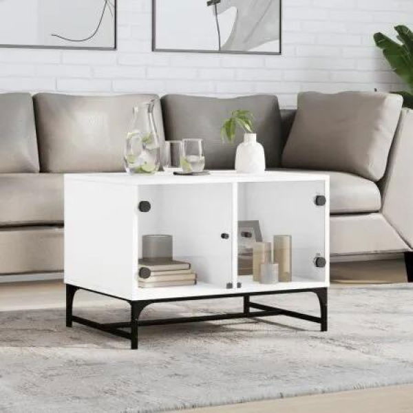 Coffee Table with Glass Doors White 68.5x50x50 cm