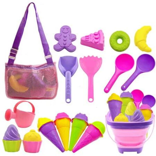 Collapsible Beach Toys Set,Collapsible Sand Bucket and Shovels Set with Mesh Bag and Sand Molds,Ice Cream Travel Sand Toys for Beach,Sandbox Toys Age 3+