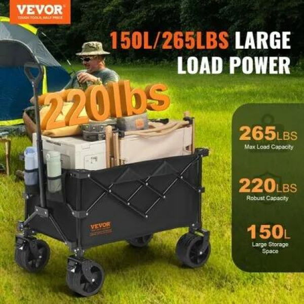 Collapsible Folding Wagon, 150 L Beach Wagon Cart with All-Terrain Wheels, Heavy Duty Folding Wagon Cart Max 265 lbs with Drink Holders, Sports Wagon for Camping, Shopping, Garden