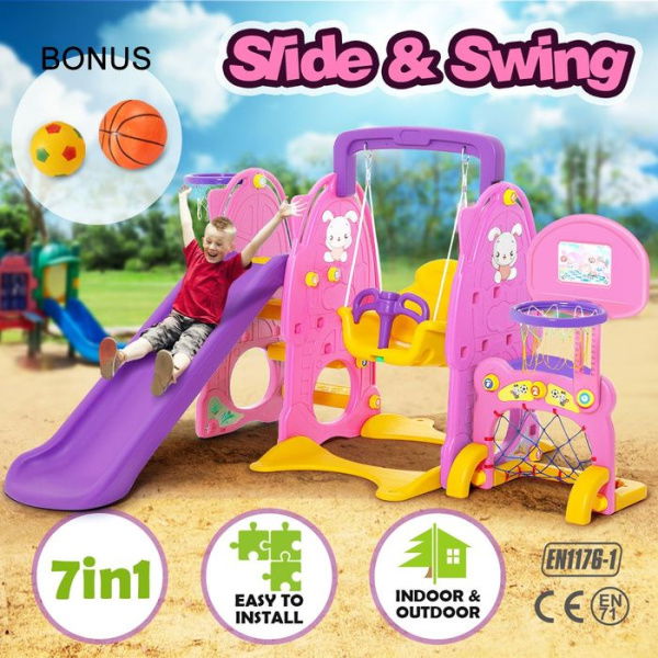 Colorful 7-in-1 Kids Playset With Swing & Slide Basketball Toys.