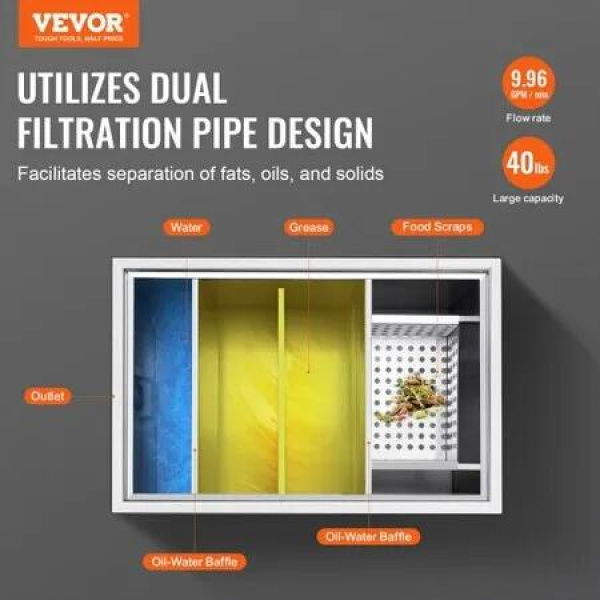 Commercial Grease Trap, 40 LBS Grease Interceptor, Side Inlet Interceptor, Under Sink Stainless Steel Grease Trap, 10 GPM Waste Water Oil-water Separator, for Restaurant Canteen Home Kitchen