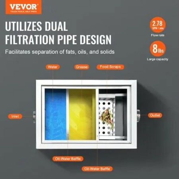 Commercial Grease Trap, 8 LBS Grease Interceptor, Side Inlet Interceptor, Under Sink Stainless Steel Grease Trap, 2.8 GPM Waste Water Oil-water Separator, for Restaurant Canteen Home Kitchen