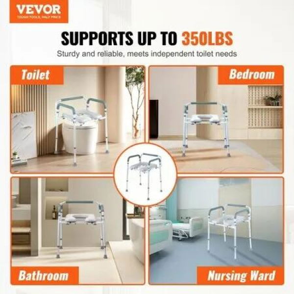 Commode Chair Bedside Commode with Padded Seat & Arms 7-Level Adjustable Height 5.8L Removable Bucket Easy to Assemble 350 LBS Capacity Raised Toilet Seat