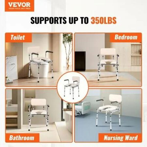 Commode Chair Bedside Commode with Padded Seat Drop-Down Arms 7-Level Adjustable Height 5.8L Removable Bucket 350LBS Capacity Portable Toilet