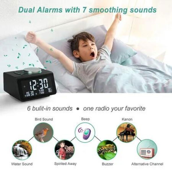 Compact Alarm Clock with FM Radio, USB Charging, Dual Alarms, and Temperature Display