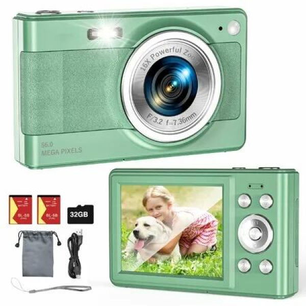 Compact Digital Camera 56MP FHD 1080P 16x Zoom Anti Shake Kids Photography 32GB TF Card Dual Battery Portable Video Recorder Green