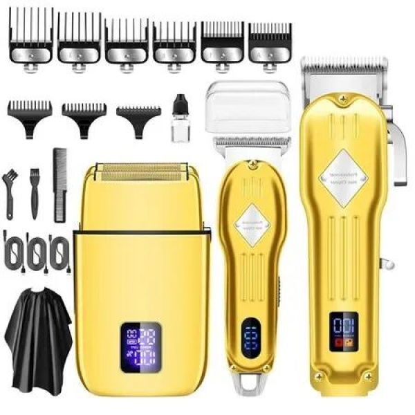 Complete Cordless Electric Hair Trimmer Set with LED Display and Rechargeable Battery,Ideal for trimming hair and beard(Gold)