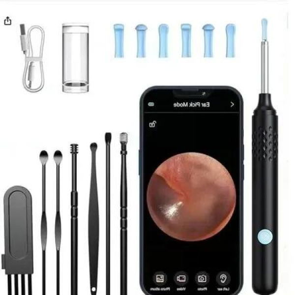 Complete Ear Wax Removal Kit: 7-Piece Set with 1080P Ear Otoscope Camera, 6 LED Lights, and Wireless Ear Pick (Black)