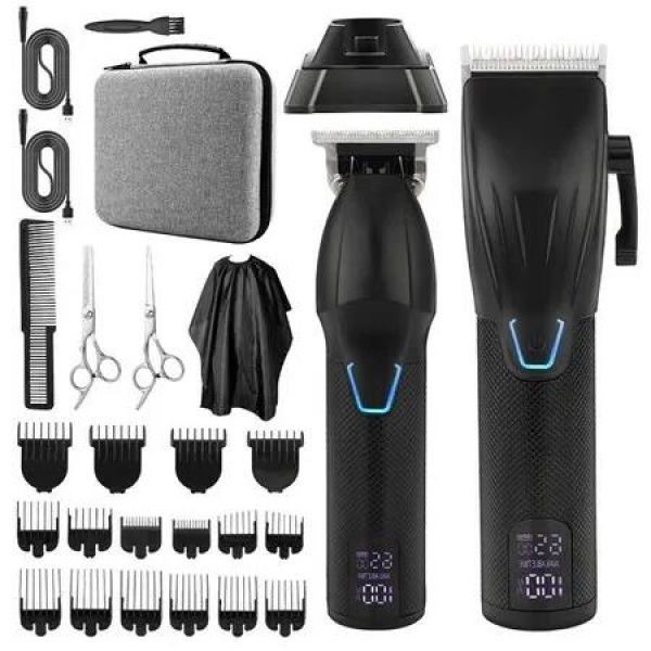 Complete Hair Cutting Kit: T-Blade Trimmer with Charging Base, 4 Adjustable Speeds, and Accessories for Professional Barbering and Home Haircuts (Black)