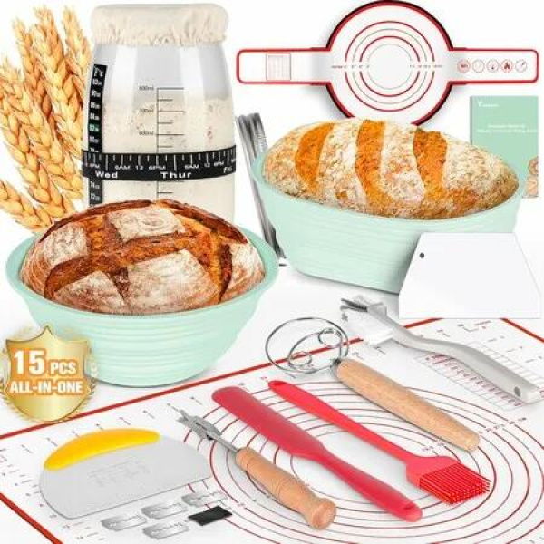 Complete Sourdough Bread Starter Kit with 35OZ Jar, All-in-One Sourdough Starter Kit, 2 Silicone Proofing Baskets, Baking Mat 15-Piece Baking Tools Set