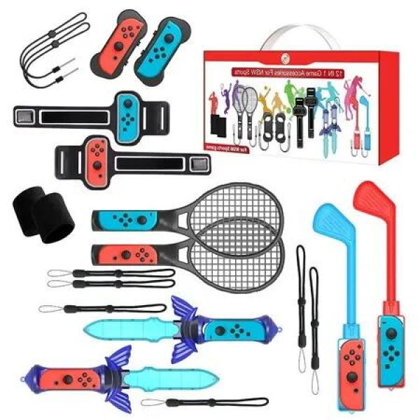 Complete Switch Sports Accessory Kit: 12 Items for Tennis Rackets,Sword Grips,Golf Clubs,Wrist Dance Bands & Leg Strap,Joy-con Wrist Band, Comfort Grip Case and Carrying Case