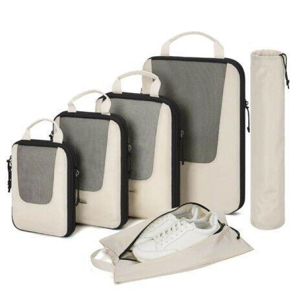 Compression Packing Cubes 6 Set Travel Packing Cubes for Carry on Suitcases,Suitcase Organizers Bag Set Travel Cubes for Luggage-Beige