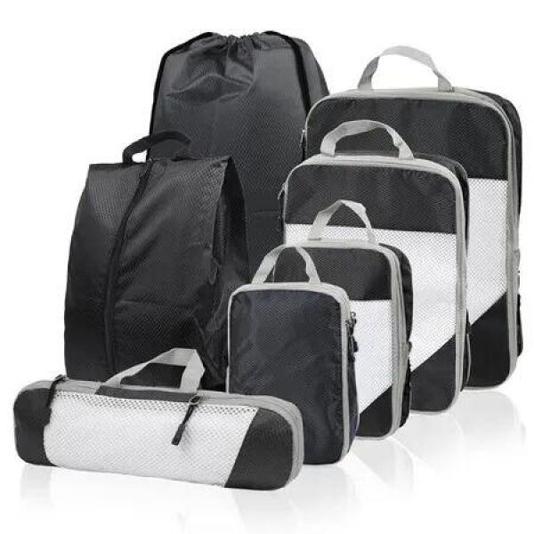 Compression Packing Cubes, 7 Set Packing Cubes for Travel Compression, Lightweight Compressible Package Organizer for Suitcases, Black