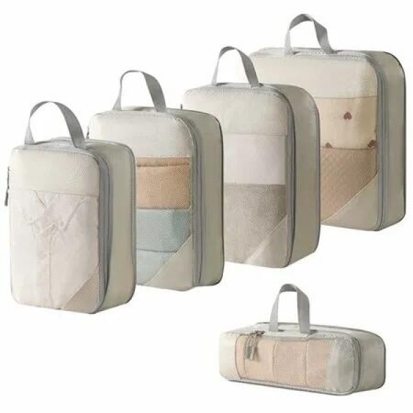 Compression Packing Cubes for Suitcases, 5 Set Packing Cubes Travel Organizer, Travel Essentials-Beige