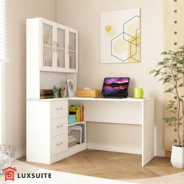 Computer Desk and Bookcase 3in1 Study Writing Laptop Table Shelving Office Bookshelf Drawers Cabinets White