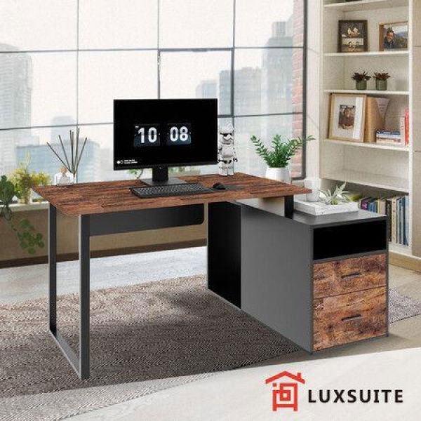 Computer Office Desk Bookcase Laptop Study Writing Table Bookshelf Workstation Shelving Storage Unit Modern With Drawers Shelves