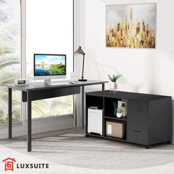 Computer Office Desk Study Bookcase Black Writing Study Laptop Table Bookshelf Workstation Storage Shelves Detachable Cabinet