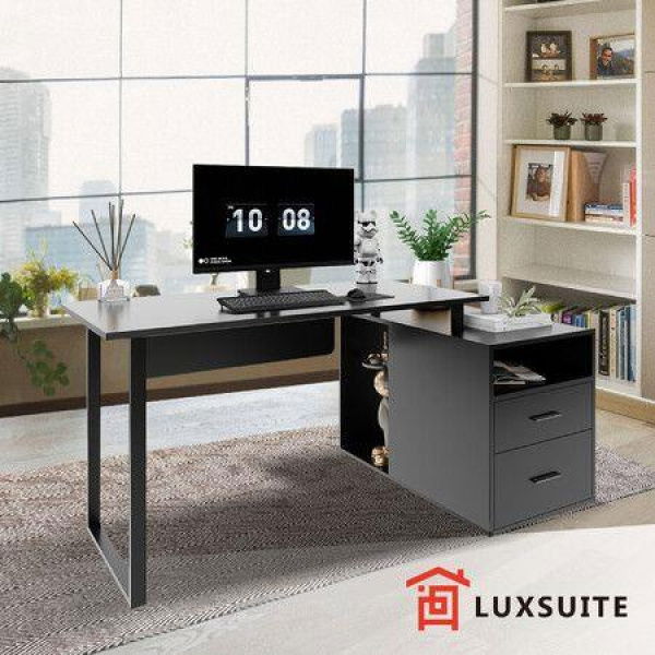 Computer Office Desk Study Writing Laptop Table Bookcase Black Workstation Bookshelf Shelving Storage Unit With Drawers Shelves