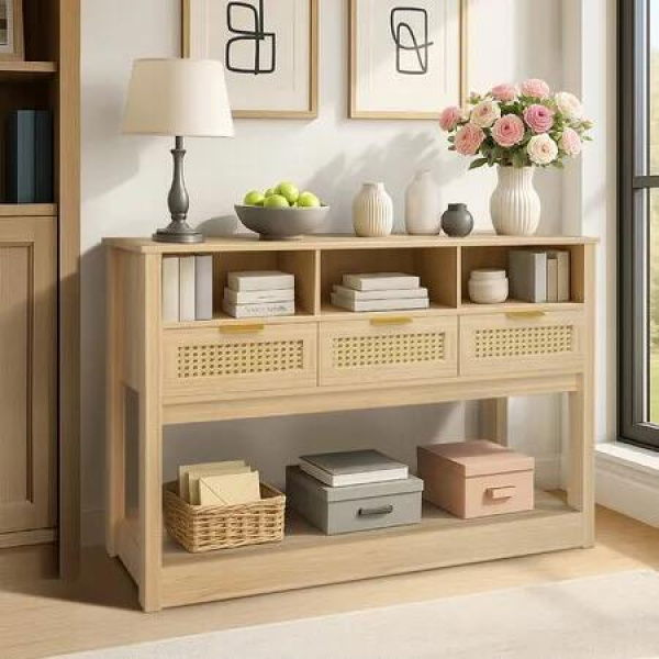 Console Table End Hall Sofa Accent Narrow Side Couch Entryway Entrance TV Stand Living Bed Room Home Furniture Rattan Storage Drawer Display Shelf Oak