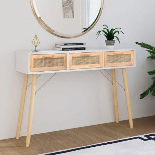 Console Table White 105x30x75 Cm Solid Wood Pine & Natural Rattan