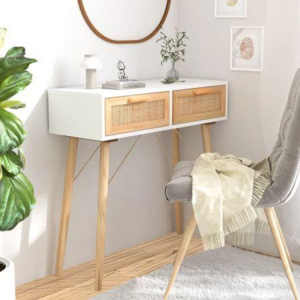 Console Table White 80x30x75 Cm Solid Wood Pine & Natural Rattan