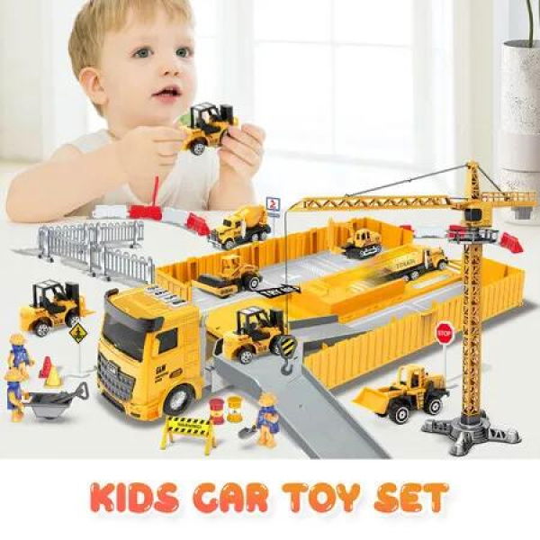 Construction Truck Storage Toy Car Play Set Toddler Boys Engineering Vehicle Model Excavator Tower Crane with Light Sound Power Christmas Birthday Gift