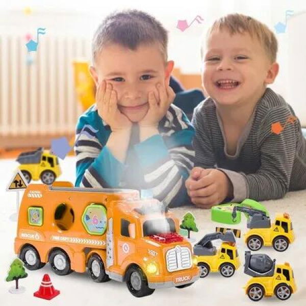 Construction Truck Toy for Kids,5 in 1 Truck Carrier Toy Spray Construction Vehicle Transporter with 4 Cars Sound and Lights Toy Vehicles Gift