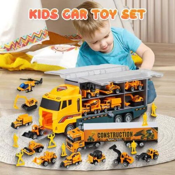 Construction Vehicle Mini Engineering Storage Truck Toys Play Set 19 In 1 Car Carrier Transport Excavator Forklift Crane Bulldozer Toddler Boys Birthday Gift