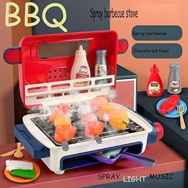 Cooking Toy Set Spray BBQ Lights Music Food Kids Pretend Play Set Toy Grill Set Little Chef Play Grill Playset Interactive BBQ Toy Set