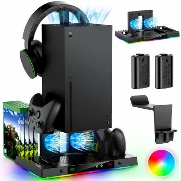 Cooling Fan Dual Charging Stand for Console Controller,Cooler Charger Station System with 15 RGB Light Disc Accessories Storage (Black)