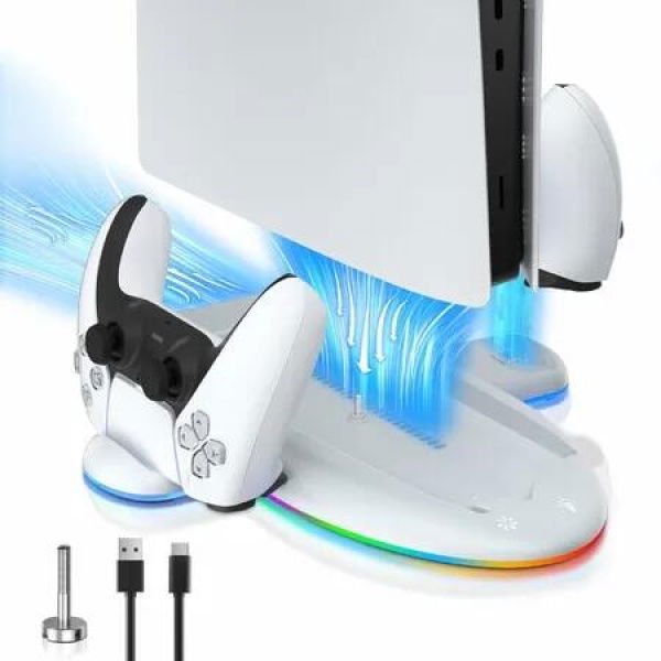 Cooling Station for PS5 Slim Console Smart Charging for PS5 Controller Elite Version Stand Digital 9-modes RGB Light 3-level Fan Christmas Gift