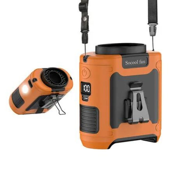 Cooling Waist Fan Clip Personal Belt Cooler Wearable Cooling Summer Portable 10000mAh Rechargeable 5 Speeds Flashlight for Travel Camping Power Bank Orange