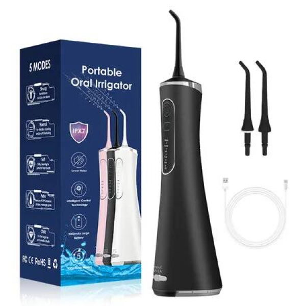Cordless Advanced Water Flossers for Teeth, 5 Cleaning Modes Rechargeable Power Dental Flosser 2 Replacement Jet Tips IPX 7 Waterproof, Black