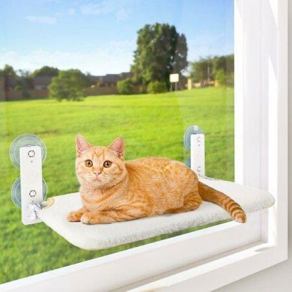 Cordless Cat Window Perch,Cat Hammock with 4 Suction Cups,Solid Metal Frame and Reversible Cover,Foldable Cat Beds for Indoor Cats (White,Large)