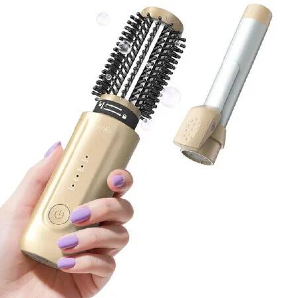 Cordless Curling Iron Brush, 2 in 1 Mini Travel Hot Straightener Comb with 200 Million Negative Ions, Dual Voltage and Lightweight for Travel