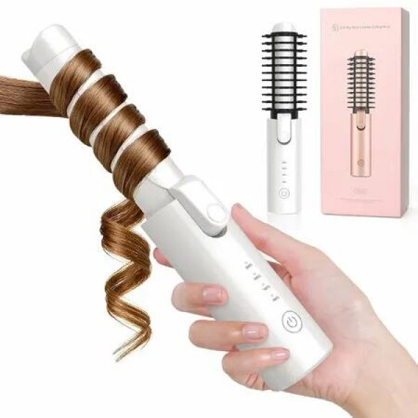 Cordless Curling Iron Brush Hair Curlers with 4 Temps Setting 3-in-1 Travel Hair Curler Straightener Brush Rechargeable for Medium to Long Hair(White)