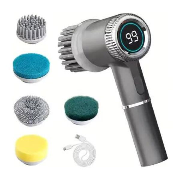 Cordless Electric Spin Scrubber, Rechargeable Handheld Power Scrubber, 3 Speeds Cordless Shower Cleaner Brush with 5 Replaceable Heads Gray