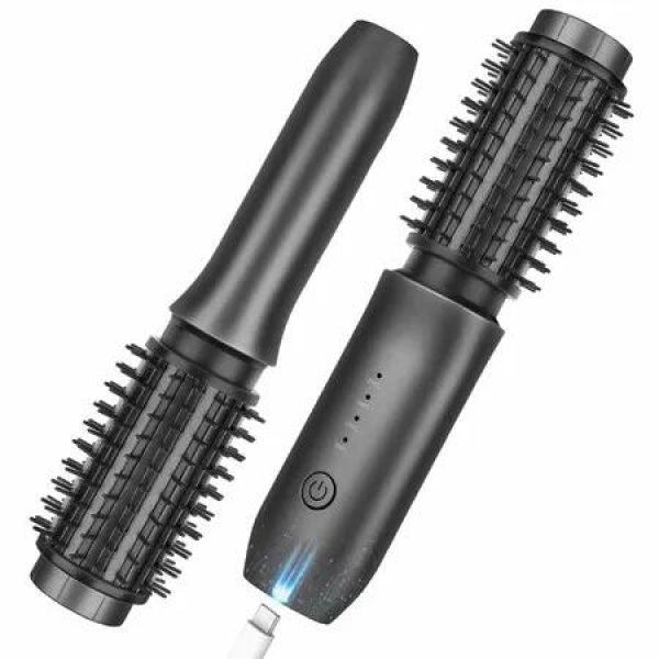 Cordless Hair Curling Iron Brush 1.5 Inch Mini Cordless Hair Curler 3-in-1 Travel Brush Hair Straightener Comb Rechargeable,Heated Curling,Black