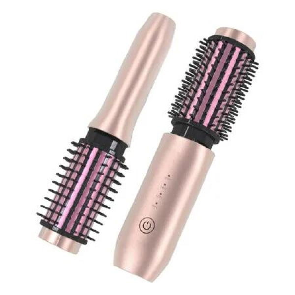Cordless Hair Curling Iron Brush 3-in-1 Portable Wave Curling Wand, 1.5 Inch Ionic Heated Brush,USB Rechargeable Hair Curler, 1 Pack-Pink