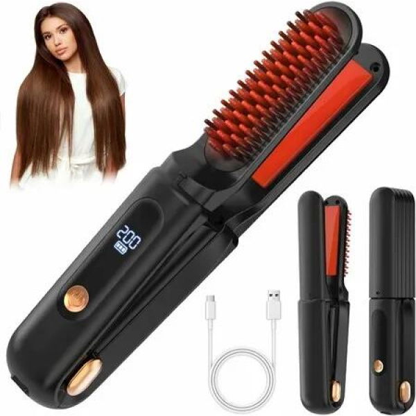 Cordless Hair Straightener Brush 3 in 1, Cordless Rechargeable Hair Straightener Comb Clip 5000mAh, Portable Travel Straightener, Black