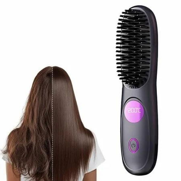 Cordless Hair Straightener Brush, Portable Mini Hair Straightening Brush with LED Display, USB Rechargeable Fast Heating Hairs Brush for Travel Black