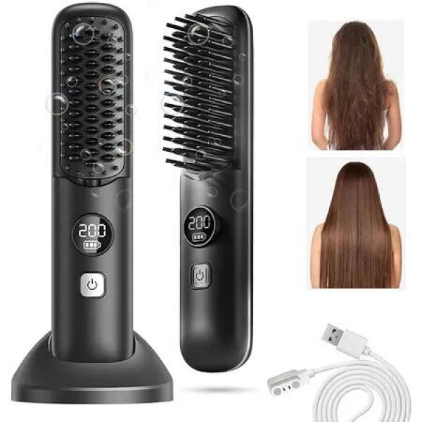 Cordless Hair Straightener Brush, Portable Mini Hair Straightening Comb for Travel, Negative Ion Hot Comb Hair Straightener for Women, Black
