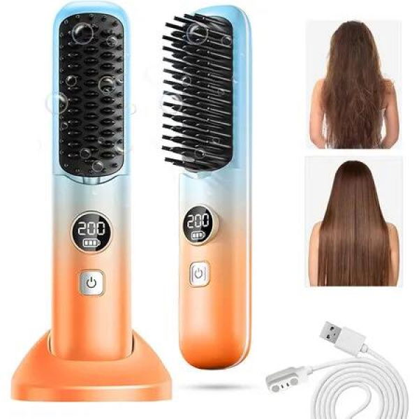 Cordless Hair Straightener Brush, Portable Mini Hair Straightening Comb for Travel, Negative Ion Hot Comb Hair Straightener for Women, Gradient Orange